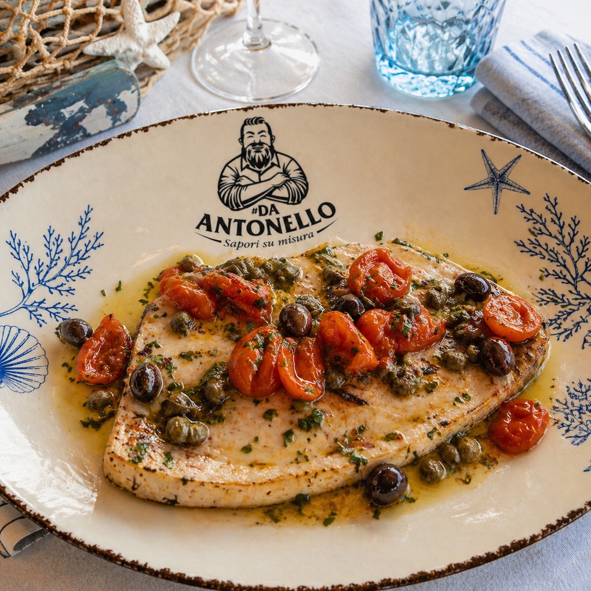 Trancio di spada con olive e capperi, specialità di mare Da Antonello a Foggia